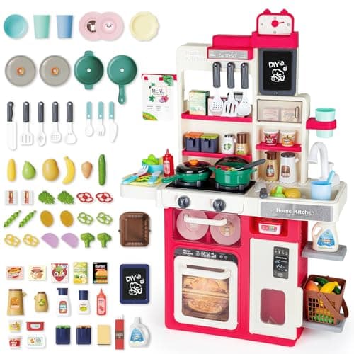 Image of deAO Toddlers Kitchen Playset Toys, Kitchen Toys for Girls Boy, Pretend Kitchen Set for Kids with Sounds,Lights,Cooking Stove and Play Sink Toy Kitchen for 3 4 5 6 7 8 years old (RED)