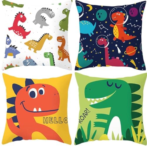 Image of Eyands Child Cushion Covers - Dinosaur Theme Throw Pillow Covers Square Pillowcase Decorative for Sofas,Beds,Car,Set Of 4,18x18inch