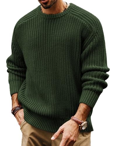 Image of PJ PAUL JONES Men's Crewneck Jumpers Chunky Knit Jumper Long Sleeve Casual Sweater Military Green S