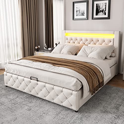 Image of Ball & Cast 4ft6 Upholstered Double Bed Frame with Storage and 7colors LED Light Strips, Hydraulic Ottoman Bed Double 135x190 cm with Button Tufted Headboard, Velvet, White, No Mattress