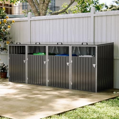 Image of Warmiehomy Wheelie Bin Storage 4 Bin Storage for Wheelie Bins Galvanized Steel Outdoor Garbage Can Store with Locking Door Quadruple Wheeled Bins Hideaways with Lifting Lids,Charcoal Black
