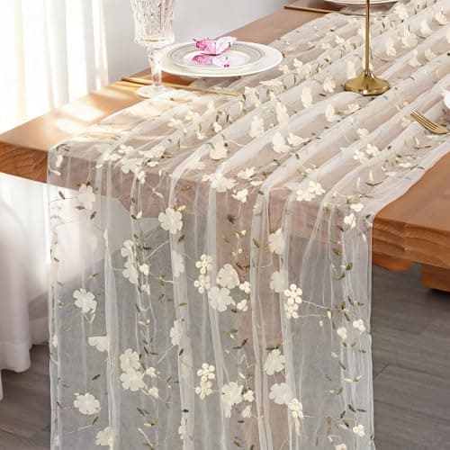 Image of Weldomcor White Gauze Table Runner, 70 × 300 cm Sheer Cheesecloth Table Runners with Embroidery 3D Flower Spring Seasonal Table Decor for Kitchen Dining Coffee Wedding Arch Birthday Party
