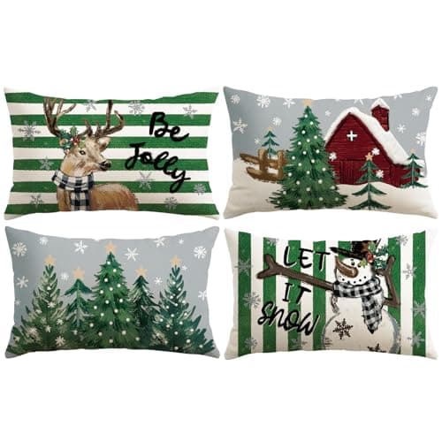 Image of Artscope Set of 4 Gray Christmas Cushion Covers 30x50cm Winter Xmas Decorative Pillow Case Cover for Sofa Living Room Holiday Decor (Green- Snowman and Elk)