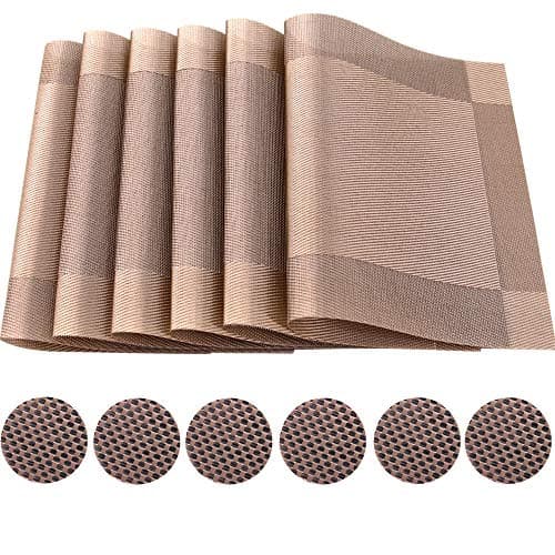 Image of Time to Sparkle Set of 12 PCS Vinyl Woven 6pcs Placemats + 6pcs Coasters Place Mats Non slip Table Mats Waterproof Heat-resistant Dining Table Mats Decor (Champagne Gold)