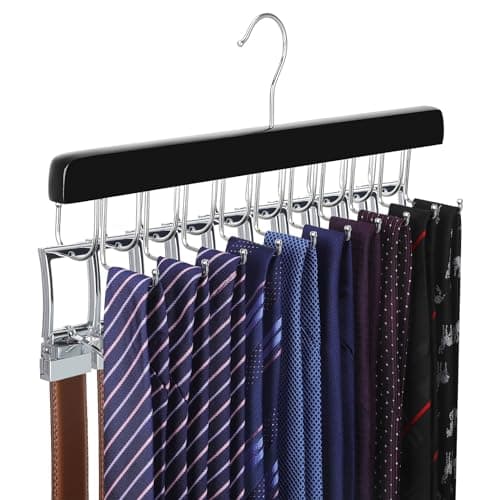 Image of TOPIA HANGER 20 Hooks 2 in 1 Belt Tie Hanger for Closet Max 30 Belts with 30 Ties Capacity, Belt Tie Racks Wooden Hanger for Closet Organizer Storage “U” Fit for Belt and “一” Fit for Tie - CT47B