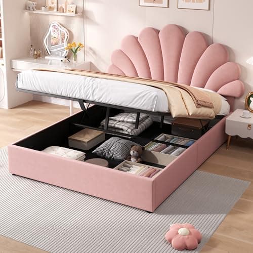 Image of 4ft6 Double Bed Frame with Storage, Hydraulic Gas Lift Upholstered Ottoman Bed Frame with Adjustable Petal Headboard & Wooden Slats, Velvet Fabric Youth Beds for Adult Kids Teenagers,Pink,No Mattress