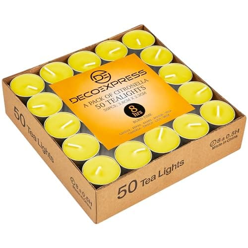 Image of Deco Express Citronella Tealight Candles Multipack of 50 or 100-4 or 8 Hours Burning Time Outdoor Candles (8 Hours x 50)