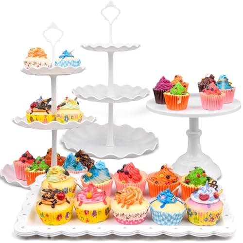 Image of 7 Pcs White Dessert Table Display Set, 2 Pcs 3-Tier Plastic Cupcake Stands Holder 1 Pcs Metal White Cake Stand and 4 Pcs Dessert Tray, Great for Wedding Baby Shower Party Celebration