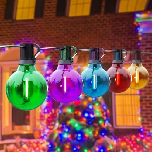 Image of RCVEHO Coloured Festoon Lights Outdoor - Garden Lights Mains Powered 50ft 30+5 0.6W G40 LED Bulbs Energy Saving Shatterproof, String Lights 5 Color Decoration for Christmas Halloween Patio Party