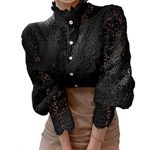 Image of Women’s Elegant Lace Trim Shirts Casual Victorian Blouse Long Sleeve Button Down Tops, Black, M