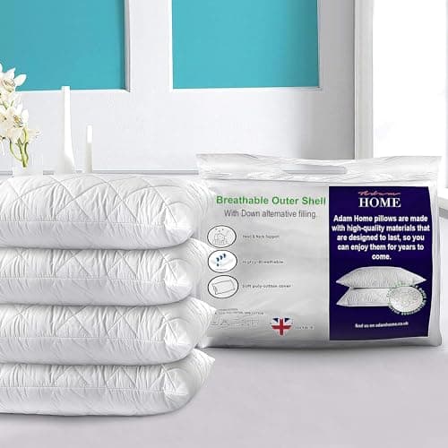 Image of Adam Home Premium Pillows 4 Pack Hotel Quality Firm Support with Quilted Cover Hypoallergenic and Anti Dust Mite Soft Hollow-Fiber Down Alternative Bed Pillow for Stomach Back and Side Sleeper