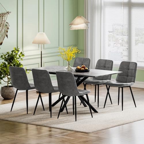 Image of Luxstein Extendable Dining Table and Chairs Set 6, 120-160cm Concrete Effect Table with 6 Grey Upholstered PU Leather Chairs for Dining Room, Kitchen