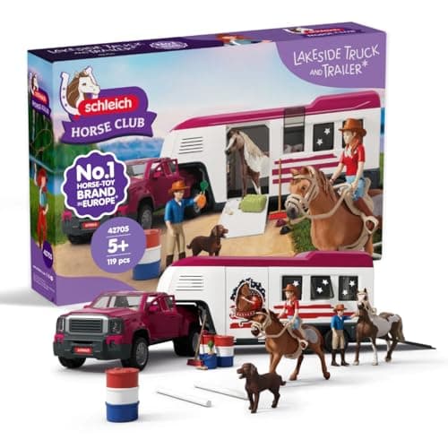 Image of SCHLEICH Horse Club - 119 PC Lakeside Truck and Trailer Playset With 2 Horse Figurines, 2 Poseable Rider Figures and Accessories - Interactive Play for Girls and Boys - Toys for Kids Ages 5+ | 42705