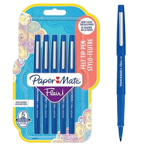 Image of Paper Mate Flair Felt Tip Pens | Medium Point (0.7 mm) Writing Pens | Blue Pens | For Writing, Drawing & Sketching | 5 Count