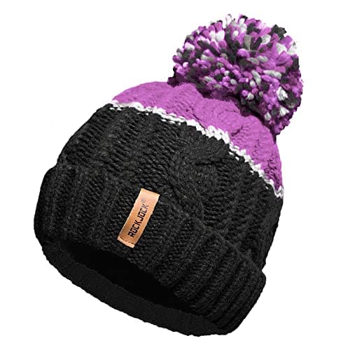 Image of RockJock Unisex Mens Ladies Warm Winter Chunky Colour Block Ski Bobble Pompom Hat with Cosy Thermal Teddy Fleece Liner-Black/Purple