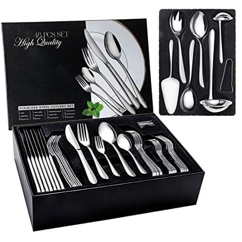 Image of JIALONGDA 48-Piece Cutlery Set, Stainless Steel Flatware Set with 8-Piece Utensil Set, Table Knife/Dinner Spoon & Fork/Teaspoon/Salad Fork, Service for 8