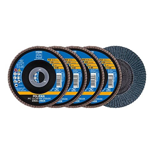 Image of PFERD Serrated washer set, 4 pieces, 4 x Polifan fan disc 125 x 22.23 mm, conical, Z40, Z60, Z80, Z120, universal line PSF Steelox, 69198300 - for steel and stainless steel (INOX)