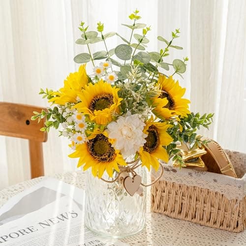 Image of Donmills Artificia Flowers with Vase - Silk Fake Sunflower and White Dahlia Arrangement in Vase Suitable for Home Spring Decor Office Decoration, Dining Coffee Table Centerpiece Kitchen Bathroom