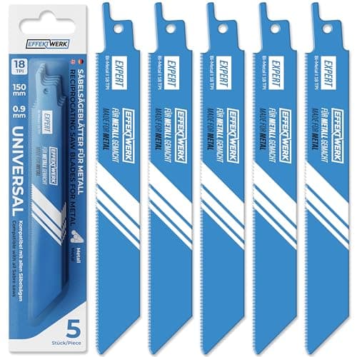 Image of Effektwerk Reciprocating Saw Blades for Metal (5 Pieces), Metal Cutting Sabre Saw Blade Set, Bi-Metal Steel Sabre Sawblades w/ 18 TPI (Teeth per Inch)
