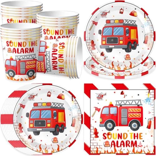 Image of pekifaves Fire Engine Party Tableware Set for 16 Guests, Fire Brigade Birthday Party Plates Napkins Cups Fireman Paper Plates Children's Birthday Set for Boys Birthday Decoration