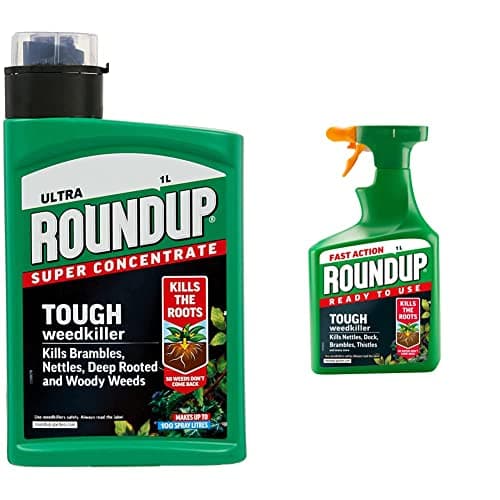 Image of Roundup Tough Weedkiller, Concenrate, Makes up to 100 Litres, 1 Litre & Tough Weedkiller, Ready to Use, Spray, 1 Litre