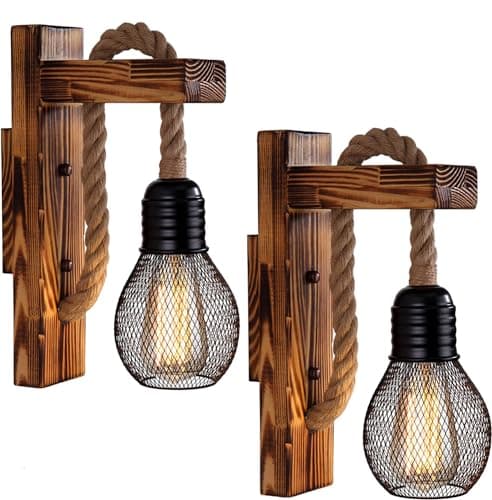 Image of Ahageek Wooden Wall Light Hemp Rope, Industrial Wall Lamp Lamp Shade, E27 LED Retro Wall Light Living Room Bedside Table Corridor Cafe Bar (Without Bulb-2pcs)