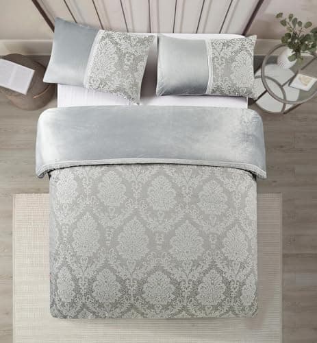 Image of PRIME LINENS Velvet Duvet Cover Set, Beige, Jacquard Damask Pattern, Luxury Soft Bedding with 2 Pillowcases, 3-Piece (Silver/Grey, Double)