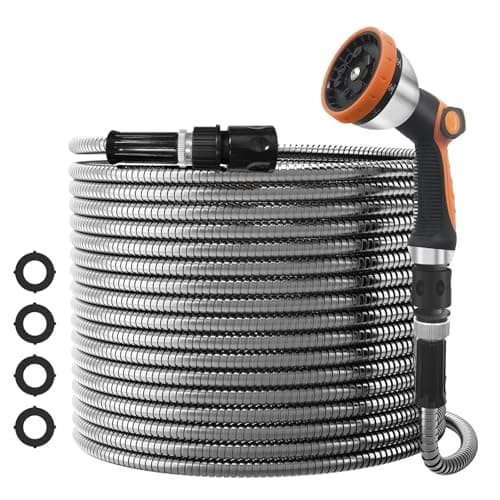 Image of NEYCIL Stainless Steel Garden Hose 50ft, Heavy Duty Garden Hose with Spray Gun, 10-Function Nozzle, Puncture Resistant, No Kink and Tangle, Flexible Metal Water Hose for Yard, Washing, Outdoor