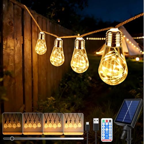 Image of Caldara 8M Solar String Hemp Rope Light Outdoor, 16 S17 Shatterproof Bulbs, USB Fairy String with Remote Control, 8 Modes & Timer, Waterproof, for Outdoor Patio Gazebo Pergola Decorative(Warm White)