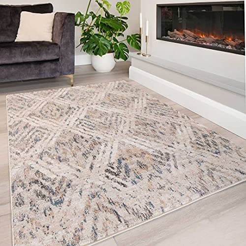 Image of Designer Modern Diamond Trellis Cream Duck Egg Thick Polyester Carpet Rug Beige Wool Like Distressed Boho Lounge Living Room Bedroom Kitchen Hallway Floor Mat Area Rugs 160cm x 230cm