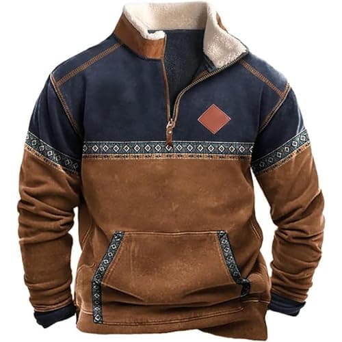 Image of Men's Hoodie, Stand-up Collar, Western Style, Vintage Style, Oversized Casual Sweatshirts, Contrast, Half Zip Long Sleeve, Geometric Pattern, Kangaroo Pocket, Daily, Leisure, Cowboy, #01-café, 5XL