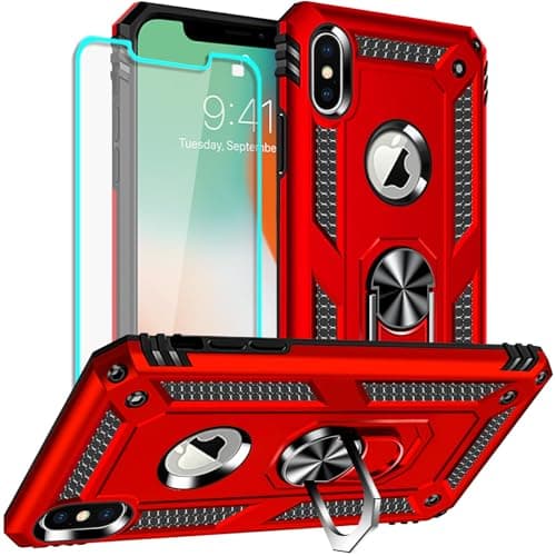 Image of for iPhone X Case, iPhone Xs Case with Screen Protector, Silicone Shockproof Military Grade Protective Phone Cover with Ring Kickstand for Apple iPhone X/Xs (Red)