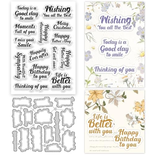 Image of ORIGACH Sentiments Clear Stamps and Metal Cutting Dies Set for Card Making Blessing Words Silicone Stamp and Die Cuts Set for DIY Scrapbooking Album Paper Craft Template
