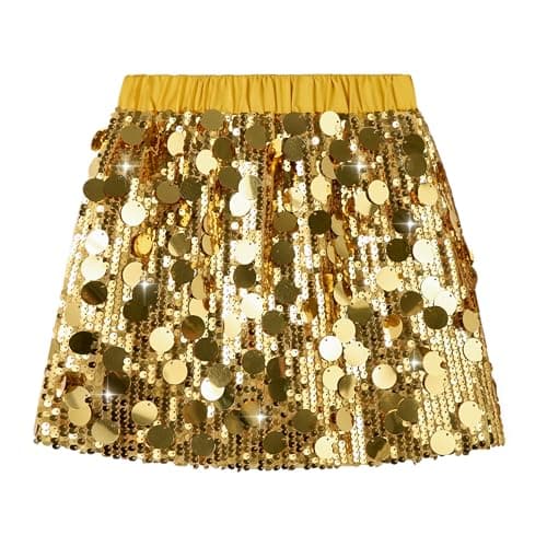 Image of Miipat Girls Sequin Skirt Sparkly Kids Mini Skirts with Lining Elastic Waist Glitter Skorts for Dance Birthday Princess Party Festival Gold 130 5-6 Years