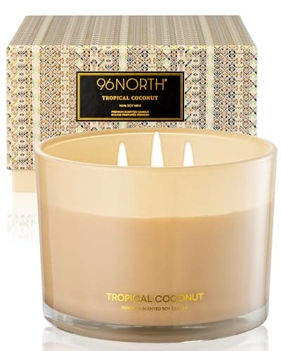 Image of 96NORTH Luxury Coconut Soy Candle | Large 3 Wick Jar Candle | Up to 50 Hours Burning Time | 100% Natural Soy Wax | Housewarming Gift for Women and Men