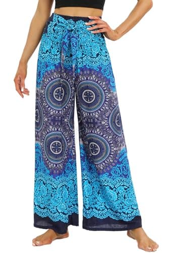 Image of Nuofengkudu Women Boho Wide Leg Trousers Smocked High Waisted Belted Summer Flowy Hippie Patterned Rayon Lightweight Petite Ladies Palazzo Lounge Pants Casual Holiday Beach Party One Size Blue C