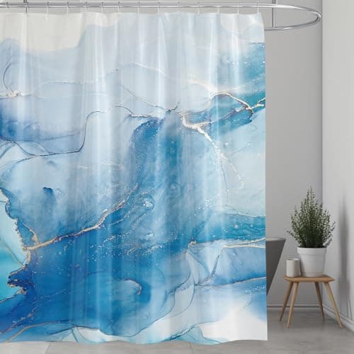 Image of BANLMEYD Shower Curtain Blue Mould Proof Resistant Waterproof Marbling Bathroom Curtains with 12 hooks Quick-Drying Weighted 180x180cm (71x71Inch) Polyester Shower Curtains for Bathroom Wet Room Tub