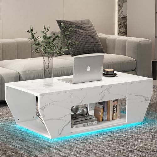 Image of COSVALVE White Marble Coffee Table with LED Lights, High Gloss Modern Coffee Table with 2 Drawers and Open Storage Shelf, Unique Geometric Centre Table for Living Room