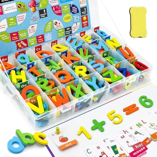 Image of WenYa Colourful Magnetic Letters and Numbers with Board for Children, 240PCS Uppercase Lowercase Foam Magnetic Alphabet Letters and Numbers with Board and Early Learning Cards