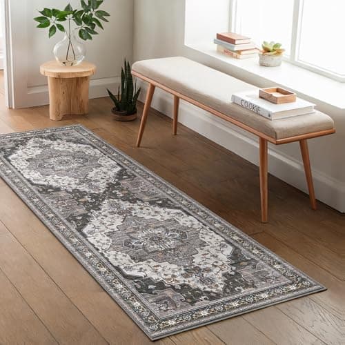 Image of GENIMO Rugs Living Room 60x120CM Runner Rug Machine Washable Non Slip Boho Vintage No Pile Carpet for Bedroom, Hallway, Lounge, Kids Baby Room, Dark Grey