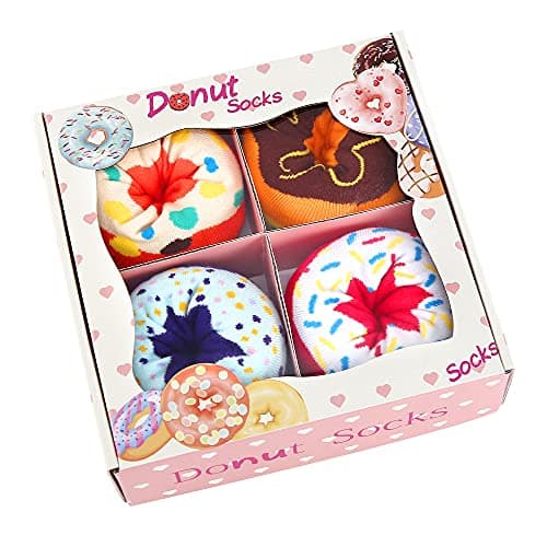Image of Funny Donut Socks Box -Funny Gifts for Women Mum Teenage Girls-Fun Novelty Funky Cute Food Silly Cotton Crazy Socks Mothers Day Easter Valentines Christmas Birthday Gifts Stocking Fillers-4 pairs