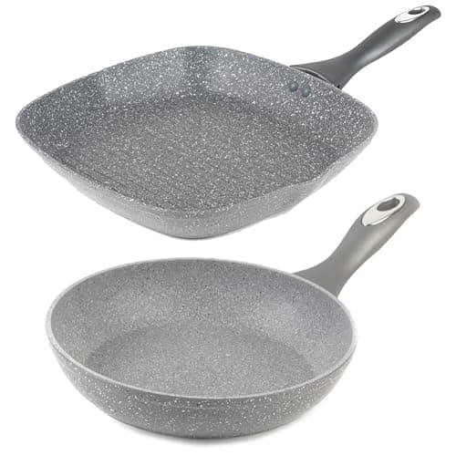 Image of Salter COMBO-8601A Frying Pan & Griddle Set, Non-Stick Kitchen Pans, Induction Hob Suitable, Forged Aluminium, Grill and Sauté Steak/Fish/Meat/Vegetables, Marblestone Collection, 28 cm, Grey