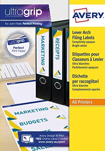 Image of Avery L4761-25 JamFREE Lever Arch File Spine Labels – A4 Label Stickers 192 x 61mm – 100 Blank Labels (4 per Sheet) – FSC Certified