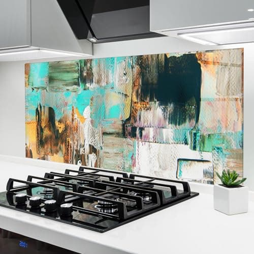 Image of ARTHUB® Glass Kitchen Splashback 60x120 cm, Tempered Glass 4mm | Heat Resistant, Stove Splash Guard, Wall Protector, Abstract, Acrylic Textured Paint