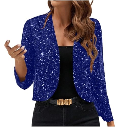 Image of Women's Sparkle Sequin Top Glitter Cardigan 3/4 Sleeve Shiny Print Open Front Cropped Jacket Blazer Elegant Lightweight Shimmer Cover Up for Parties Events L