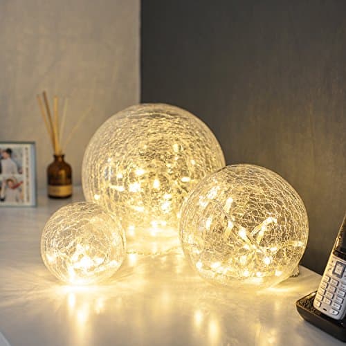 Image of Lights4fun Set of 3 Fairy Light Orbs Crackled Glass Balls LED Lights Battery Operated Table Lamp Warm White LEDs with Timer Orbs for Bedroom Home Wedding Decor & Party