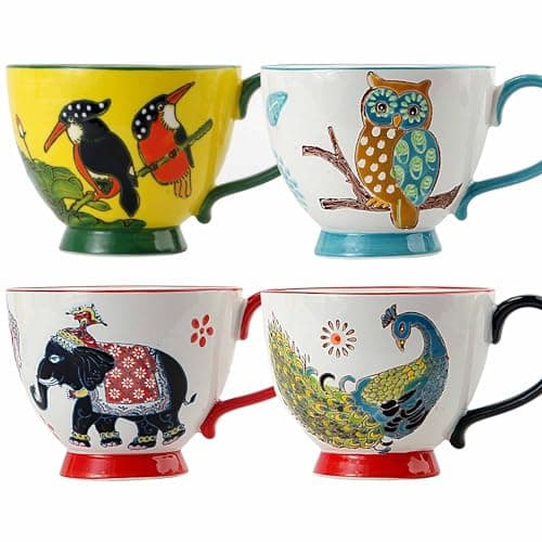 Image of superyes Large Coffee Mugs Sets of 4, 15oz Footed Coffee Cups Set for Latte Cappuccino Hot Chocolate, Hand-Painted Peacock,Elephant,Toucan,Owl Farmhouse Pattern