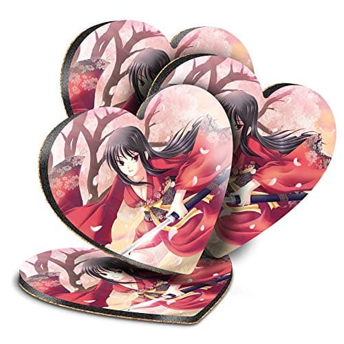 Image of Destination Vinyl ltd Great Coasters (Set of 4) Heart - Samurai Anime Girl Japanese Drink Glossy Coasters/Tabletop Protection for Any Table Type #2815