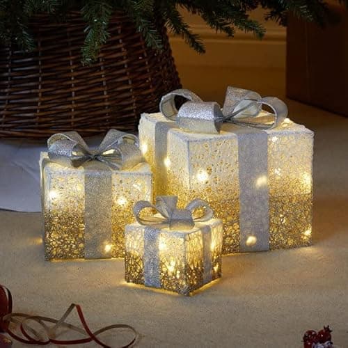 Image of Marco Paul Set of 3 Light-Up Boxes – Frosted Gold & Silver Faux Presents with Warm White LEDs – Battery-Operated Pre-Lit Parcels for Indoor Xmas Décor, Table Centrepieces
