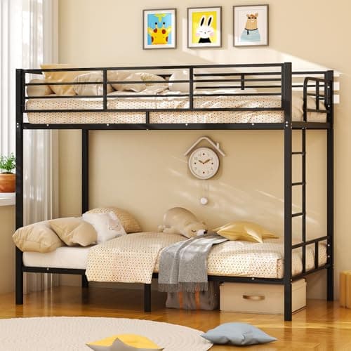 Image of Bonnlo Metal Bunk Bed, Single over Single Loft Bed Frame with 38cm High Full-Length Guardrail & Non-Slip Ladder, Space-Saving Twin Over Twin Bunk Bed, High Sleeper Bed Frame for Kid Teens Adults,Black